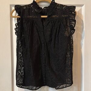 Frame Denim Black Ruffled Mandarin Collar Blouse